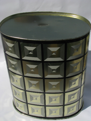 Vintage Decoware metal wastebasket, mod op-art squares in gold and black
