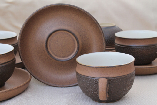 Vintage Denby Cotswold brown pottery cups & saucers, mod tea or coffee cups