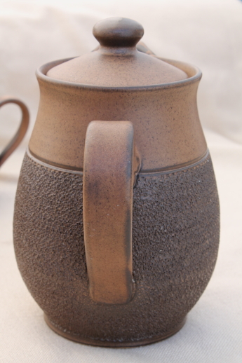 Vintage Denby Cotswold brown pottery, mod coffee pot, cream & sugar set