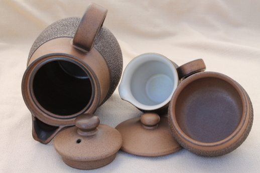 Vintage Denby Cotswold brown pottery, mod coffee pot, cream & sugar set
