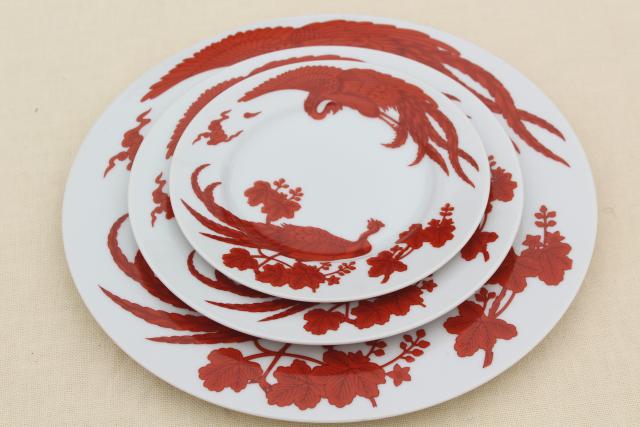 vintage dinnerware service for 10, chinese red peacock birds or phoenix on white porcelain