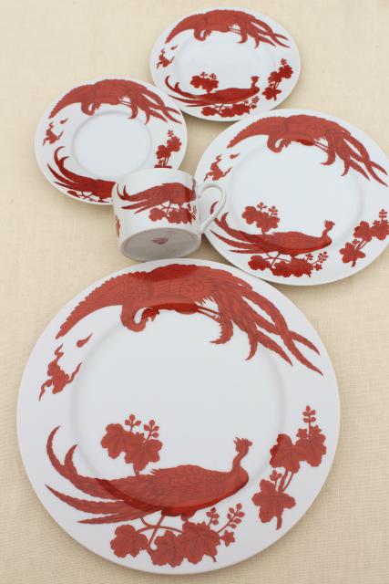 vintage dinnerware service for 10, chinese red peacock birds or phoenix on white porcelain