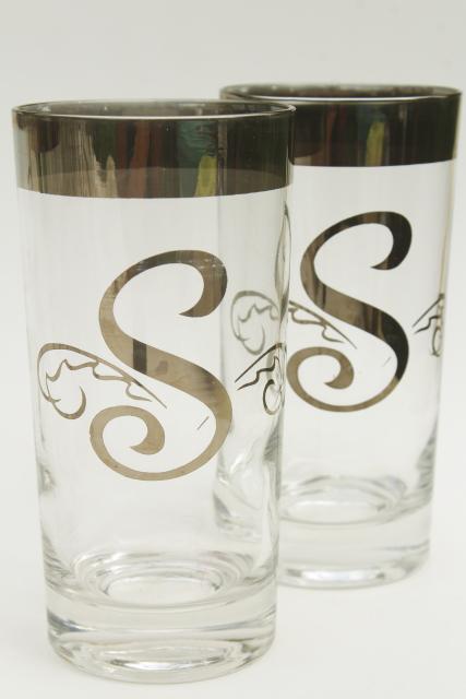 vintage drinking glasses w/ S monogram letter, wide silver band Dorothy Thorpe style