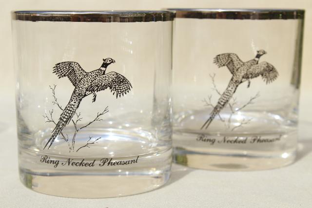 vintage drinking glasses, game birds pattern double old fashioned tumblers w/ platinum silver band trim