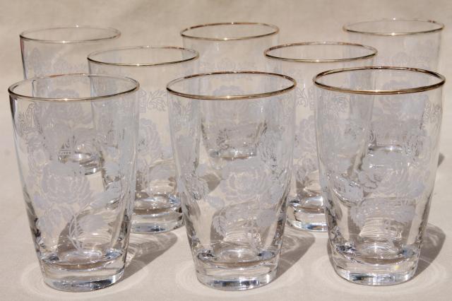 vintage drinking glasses in metal caddy rack, 1960s retro hollywood style! 