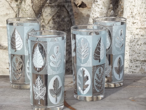 Vintage drinking glasses set, retro leaf print in silver and ice blue