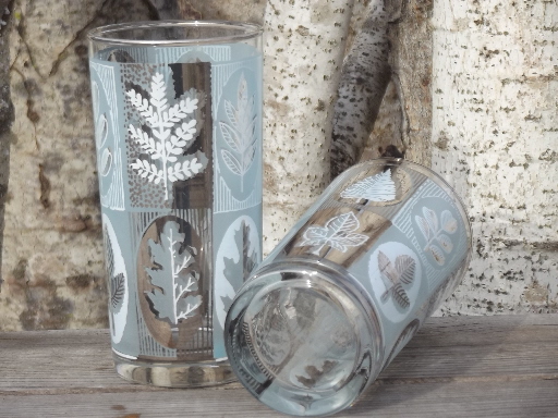 Vintage drinking glasses set, retro leaf print in silver and ice blue
