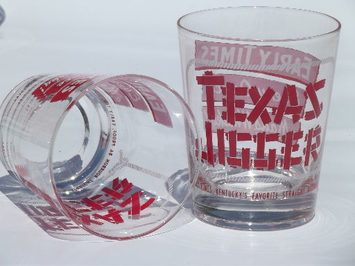 Vintage Early Times whisky glasses, giant Texas jiggers whiskey glass set