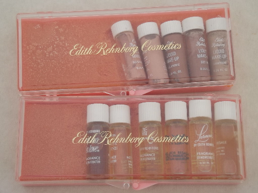 Vintage Edith Rehnborg cosmetic & perfume samples in pink plastic makeup boxes