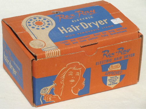 Vintage electric hair dryer, baby blue Rex Ray hand held hairdryer in box