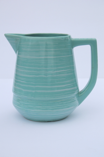 Vintage Esmond pottery milk pitcher, turquoise blue green / white Watts ware