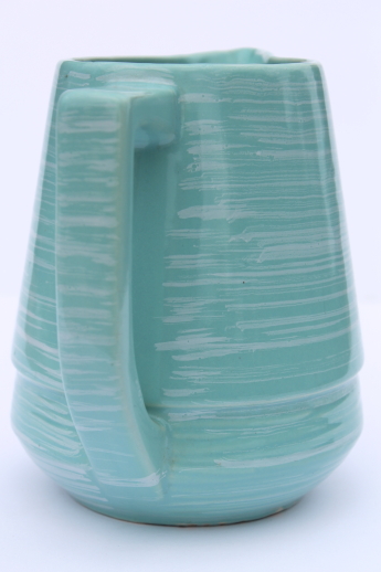 Vintage Esmond pottery milk pitcher, turquoise blue green / white Watts ware