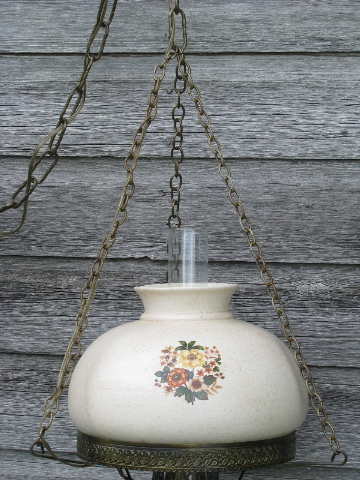 Vintage farmhouse hanging light, glass chimney, flowered ceramic shade
