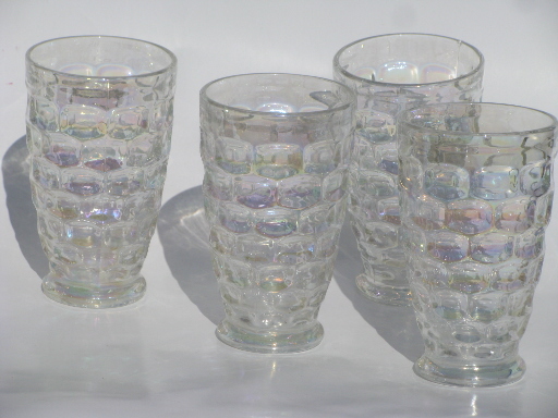 Vintage Federal glass tumblers, moonglow iridescent luster thumbprint glasses