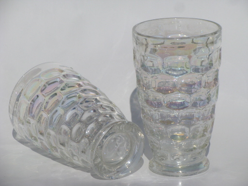 Vintage Federal glass tumblers, moonglow iridescent luster thumbprint glasses