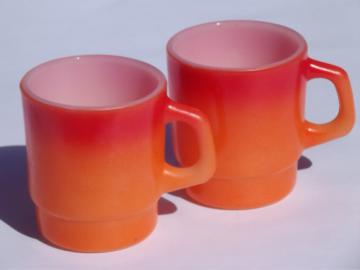 Vintage Fire King kitchen glass mugs or coffee cups, flame orange ombre