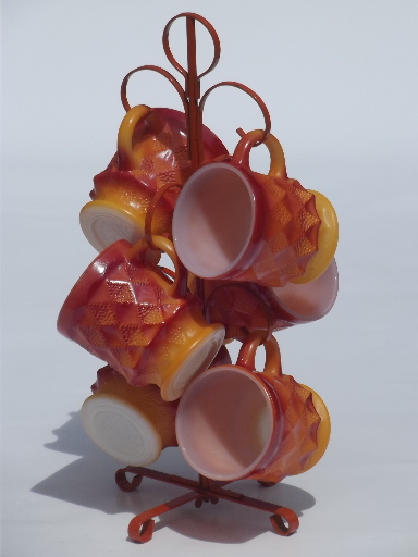 Vintage Fire-King glass coffee cups, 70s retro orange Kimberly  mugs set