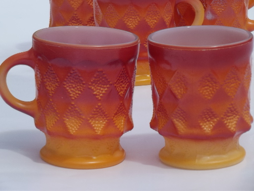 Vintage Fire-King glass coffee cups, 70s retro orange Kimberly  mugs set