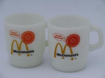 Vintage Fire-King glass restaurantware coffee cups, McDonald's advertising mugs