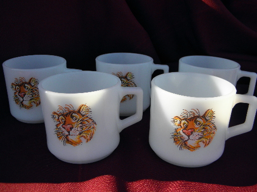Vintage Fire-King tigers coffee cups, old Esso tiger advertising mugs