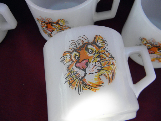 Vintage Fire-King tigers coffee cups, old Esso tiger advertising mugs