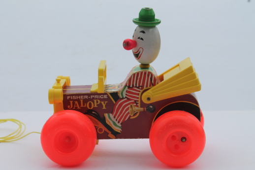 Vintage Fisher-Price Jalopy pull toy, 60s or early 70s wood clown car