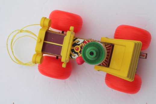 Vintage Fisher-Price Jalopy pull toy, 60s or early 70s wood clown car