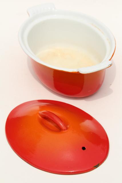 vintage flame orange enamel cast iron oval pan & lid, French Le Creuset style made in Belgium