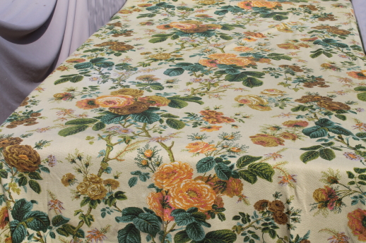 Vintage floral print bedspread, linen weave cotton bed cover w/ retro fringe