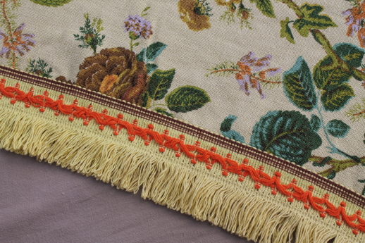 Vintage floral print bedspread, linen weave cotton bed cover w/ retro fringe