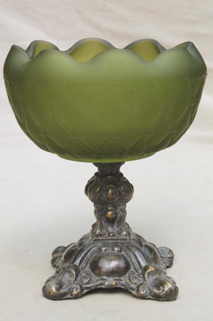 vintage flower bowl - green satin frosted glass bowl w/ ornate gold metal pedestal stand