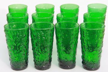 vintage forest green glass tumblers, Anchor Hocking Milano crinkle drinking glasses