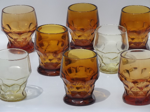 Vintage Georgian pattern glass tumblers, assorted amber colored glasses