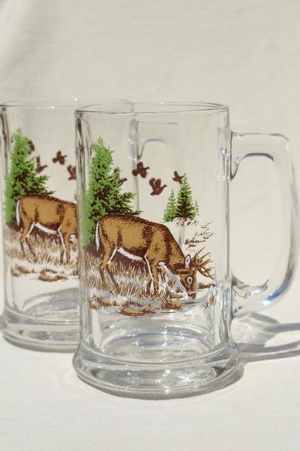 vintage glass beer steins, deer in the pine trees color print glass mugs