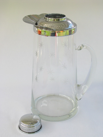 Vintage glass & chrome mixed drinks pitcher with retro atomic starbursts