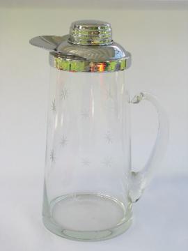 Vintage glass & chrome mixed drinks pitcher with retro atomic starbursts