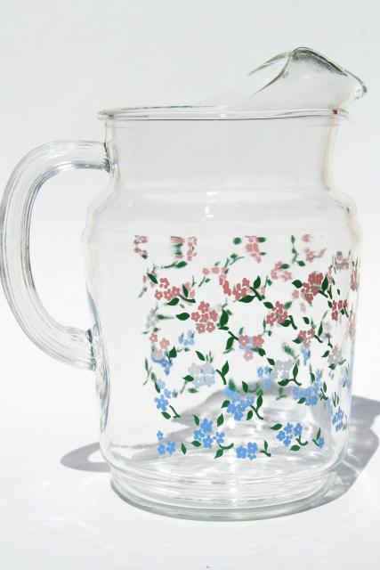 vintage glass lemonade pitcher, country kitchen pink & blue tiny sprigged flowers print