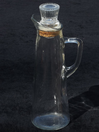 Vintage glass liquor bottle, decanter w/ pitcher handle, cork stopper