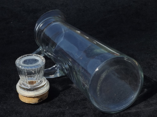 Vintage glass liquor bottle, decanter w/ pitcher handle, cork stopper