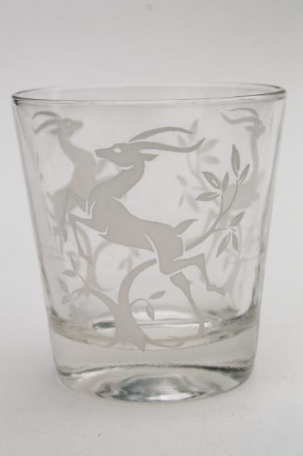 vintage glass tumblers w/ leaping gazelle deer in red white blue, deco mod glasses set