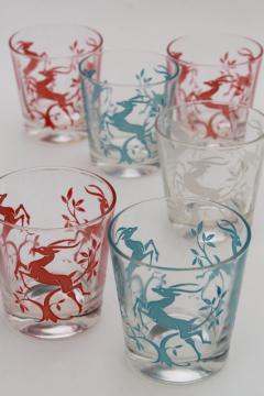 vintage glass tumblers w/ leaping gazelle deer in red white blue, deco mod glasses set