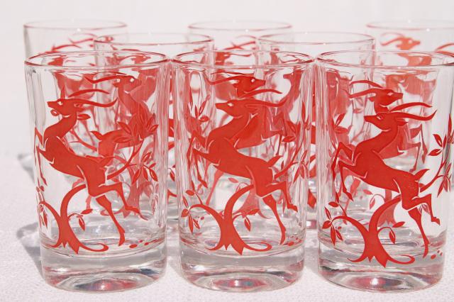 vintage glass tumblers w/ leaping gazelle deer in red & white, deco mod glasses setvintage glass tumblers w/ leaping gazelle deer in red & white, deco mod glasses set