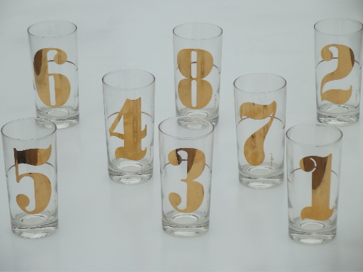 Vintage glasses set w/ mod numbers, tall tumblers numbered 1 through 8
