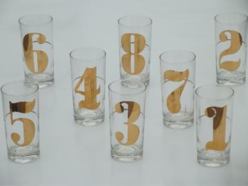 Vintage glasses set w/ mod numbers, tall tumblers numbered 1 through 8