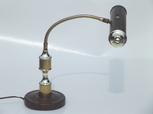 Vintage gooseneck desk lamp, retro woodgrain & brass adjustable light