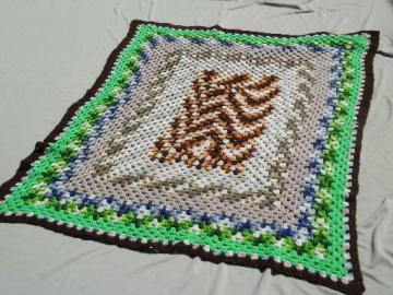 Vintage granny square crochet afghan, crocheted blanket in retro colors