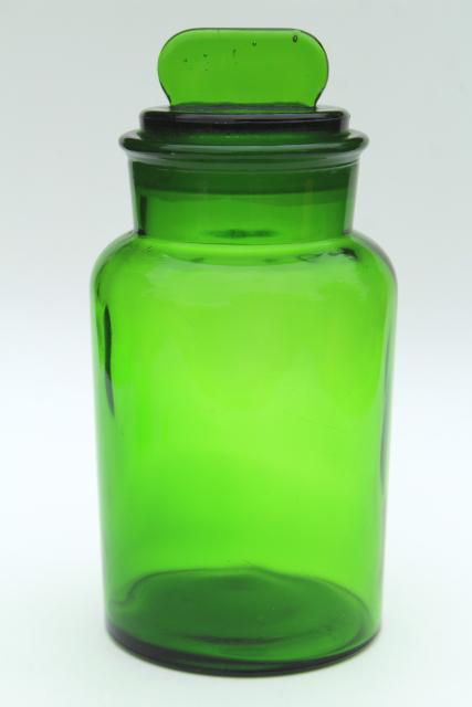 vintage green glass canister, large apothecary jar, bottle w/ glass stopper lid