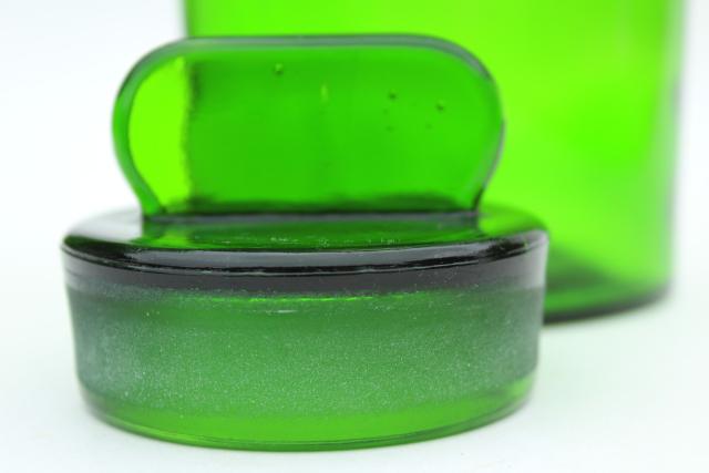 vintage green glass canister, large apothecary jar, bottle w/ glass stopper lid