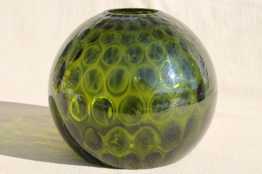 Vintage green glass coin spot dot lamp globe, hand-blown art glass light shade