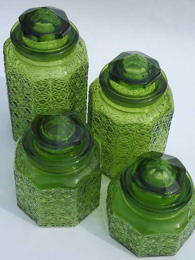 Vintage green glass daisy & button kitchen counter canister jars set